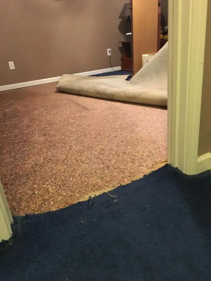 Carpet pad removal revealing water damage during Drying & Dehumidification in Galt
